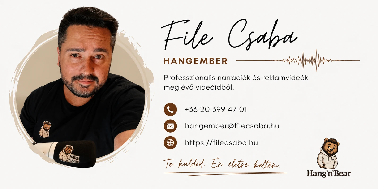 File Csaba Hangember névjegykártyája portréval és elérhetőségekkel